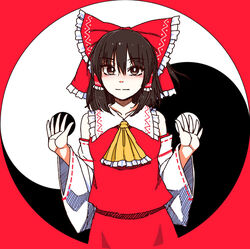  blush bow bright_pupils brown_eyes brown_hair closed_mouth commentary_request detached_sleeves female frilled_bow frills hair_tubes hairbow hakurei_reimu hands_up highres long_sleeves looking_at_viewer medium_hair red_bow red_shirt red_skirt shirt skirt sleeveless sleeveless_shirt solo touhou white_pupils wide_sleeves yassy 