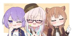  3girls ;d =_= ^_^ airani_iofifteen airani_iofifteen_(military_casual) animal_ears area_15 ayunda_risu ayunda_risu_(3rd_costume) black_collar blonde_hair blush_stickers brown_hair chibi chibi_only clenched_hand closed_eyes collar colored_inner_hair commentary english_commentary facing_viewer gloves grey_hair highres hololive hololive_indonesia index_finger_raised jacket kukie-nyan long_hair looking_at_viewer moona_hoshinova moona_hoshinova_(casual) multicolored_hair multiple_girls oerba_yun_fang official_alternate_costume one_eye_closed open_mouth purple_eyes purple_hair red_jacket short_hair short_hair_with_long_locks smile squirrel_ears squirrel_girl squirrel_tail tail twitter_username two-tone_hair virtual_youtuber white_gloves 