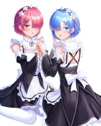  2girls :o absurdres apron bare_shoulders black_dress black_ribbon blue_eyes blue_hair blush breasts cleavage commentary detached_sleeves dress frilled_dress frills hair_ornament hair_over_one_eye hair_ribbon highres holding_hands interlocked_fingers long_sleeves looking_at_viewer looking_back maid maid_headdress medium_breasts multiple_girls open_mouth pantyhose pink_eyes pink_hair progameer789 ram_(re:zero) re:zero_kara_hajimeru_isekai_seikatsu red_eyes rem_(re:zero) ribbon ribbon-trimmed_sleeves ribbon_trim roswaal_mansion_maid_uniform short_hair siblings simple_background sisters smile striped twins white_background white_legwear x_hair_ornament 