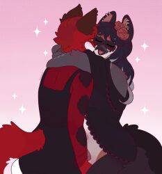  14:15 2026 4_fingers anthro artist_name avian bangs beak bent_arm bird black_beak black_clothing black_dress black_hair black_jacket black_markings black_tail black_topwear blush blush_lines brown_eyebrows brown_flower brown_inner_ear brown_pupils brown_sclera canid canine canis cheek_tuft claws closed_eyes clothed clothed_anthro clothed_female clothing colored colored_line_art digital_drawing_(artwork) digital_media_(artwork) dragon dress duo ear_piercing ear_ring english_description eyebrows eyelashes facial_tuft feathers female female/female female_anthro finger_claws fingers flower fluffy fluffy_tail fur gradient_background grey_body grey_claws grey_feathers grey_talons hair hi_res hug hugging_another hybrid interspecies jacket light lighting long_hair love mammal markings multicolored_body multicolored_feathers multicolored_fur mythological_creature mythological_scalie mythology open_beak open_mouth open_smile piercing pink_background plant pupils red_body red_fur red_hair red_line_art red_tail ring_piercing scalie shaded short_hair simple_background smile sparkles suzeart tail talon_hands text topwear translucent translucent_clothing translucent_topwear tuft white_body white_feathers wolf 