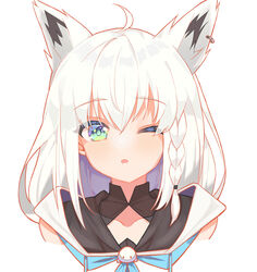  absurdres ahoge animal_ear_fluff animal_ears bad_id bad_pixiv_id blue_neckerchief braid commentary earrings female fox_ears fox_girl green_eyes hair_between_eyes highres hololive hood hoodie jewelry long_hair looking_at_viewer mikaduki_3636 neckerchief one_eye_closed open_mouth shirakami_fubuki shirakami_fubuki_(1st_costume) sidelocks simple_background single_braid solo virtual_youtuber white_background white_hair white_hoodie 