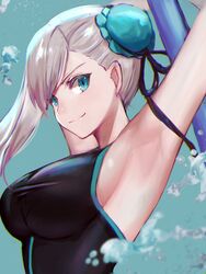  armpits arms_up asymmetrical_hair bad_id bad_twitter_id black_one-piece_swimsuit blue_eyes blurry blurry_foreground breasts bun_cover chromatic_aberration commentary_request dolce_(dolsuke) eyelashes fate/grand_order fate_(series) female grey_hair hair_bun highres large_breasts long_hair miyamoto_musashi_(fate) miyamoto_musashi_(swimsuit_berserker)_(fate) miyamoto_musashi_(swimsuit_berserker)_(first_ascension)_(fate) one-piece_swimsuit shadow sideboob single_hair_bun smile solo swimsuit upper_body water 