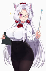  ;3 animal_ear_fluff animal_ears black_pantyhose black_skirt blush bow bowtie breasts clipboard closed_mouth commentary_request covered_navel female fox_ears glasses hair_ornament hair_ribbon highres large_breasts long_hair long_sleeves looking_at_viewer null_(nyanpyoun) one_eye_closed pantyhose parted_bangs pencil_skirt pointer purple_eyes red_bow red_bowtie red_ribbon ribbon rimless_eyewear shirt sidelocks simple_background skirt smile solo standing touhoku_itako utau very_long_hair voiceroid white_background white_hair white_shirt 