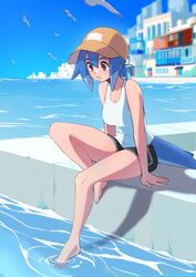  absurdres azuumori bare_shoulders barefoot baseball_cap black_shorts blue_hair breasts collarbone commentary english_commentary feet female fins fish_tail full_body hair_between_eyes hat highres legs looking_down mako_(azuumori) medium_breasts ocean original outdoors partially_submerged red_eyes shark_girl shark_tail short_hair short_ponytail short_shorts shorts sitting solo tail tank_top thighs toes white_tank_top yellow_hat 