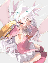  ;d absurdres ascot bare_shoulders boots breasts brown_eyes cape cosplay dress elbow_gloves fate/grand_order fate/kaleid_liner_prisma_illya fate_(series) feather_hair_ornament feathers female gloves hair_ornament highres holding holding_wand kaleidostick kawa_mura long_hair looking_at_viewer magical_girl magical_ruby melusine_(fate) one_eye_closed open_mouth pink_dress pink_footwear pink_gloves prisma_illya prisma_illya_(cosplay) sidelocks skirt small_breasts smile thigh_boots thighhighs thighs two_side_up wand white_cape white_hair white_skirt yellow_ascot 