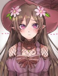  alternate_hairstyle aya_taka31 bow breasts closed_mouth demon_girl female fishnet_fabric flower hair_down hair_flower hair_ornament heart heart-shaped_pupils long_hair looking_at_viewer ludmila_(rune_factory) medium_breasts pointy_ears rune_factory rune_factory_5 symbol-shaped_pupils 