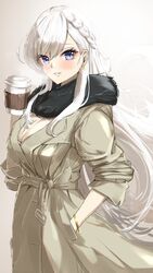  alternate_costume azur_lane belfast_(azur_lane) black_scarf blue_eyes blush bracelet braid breasts casual cleavage coat commentary_request cup disposable_cup earrings female gold_bracelet grey_background grey_coat hand_in_pocket highres holding holding_cup jewelry large_breasts light_smile long_hair looking_at_viewer marumai scarf side_braid sidelocks solo visible_air white_hair winter_clothes winter_coat 