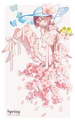  absurdres barefoot bird blue_hat brown_hair cherry_blossoms dress female flower flower_over_mouth hat hat_flower highres holding holding_flower japanese_white-eye original petals pink_eyes pink_flower ribbon see-through see-through_sleeves shiraho_(color-56) solo sun_hat white_ribbon 