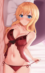  alternate_costume bare_arms bare_shoulders bed_sheet blonde_hair blue_eyes blush breasts cleavage closed_mouth collarbone commentary cowboy_shot curtains female from_side hand_up idolmaster idolmaster_cinderella_girls indoors kurisu-kun lingerie long_hair navel ohtsuki_yui panties pillow red_panties side-tie_panties smile solo underwear 