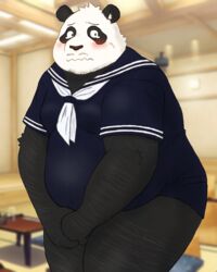  2020 4:5 anthro bear belly black_body black_fur black_nose blush clothing fur giant_panda hi_res kemono male mammal overweight overweight_anthro overweight_male shirt solo topwear white_body white_fur yaki_atsuage 