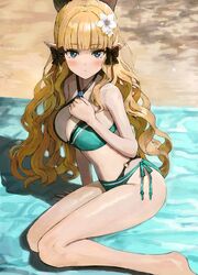  arm_support bikini black_bow blonde_hair blue_eyes blunt_bangs blush bow breasts cleavage closed_mouth commentary elf female flower green_bikini hair_flower hair_ornament hairbow halterneck hand_on_own_chest highres large_breasts layered_bikini long_hair looking_at_viewer o-ring o-ring_bikini on_ground pointy_ears princess_connect! sand saren_(princess_connect!) saren_(summer)_(princess_connect!) shadow side-tie_bikini_bottom sitting solo sonchi swimsuit towel wavy_hair yokozuwari 