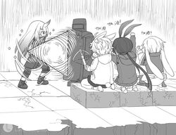  1boy 1other 3girls amiya_(arknights) animal_ears ansel_(arknights) arknights arms_up body_armor cheering chinese_commentary commentary crossbow doctor food gameplay_mechanics greyscale hannya_(arknights) heavy_defender_(arknights) hoshiguma_(arknights) jiangmoluo kroos_(arknights) long_hair monochrome multiple_girls onigiri rabbit_boy rabbit_ears rabbit_girl rabbit_tail shield tail weapon 