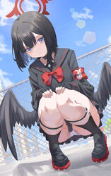  absurdres armband black_choker black_footwear black_gloves black_hair black_sailor_collar black_serafuku black_skirt black_socks black_wings blue_archive blush cake_walker choker commentary feathered_wings female fingerless_gloves gloves halo highres looking_at_viewer low_wings mashiro_(blue_archive) neckerchief open_mouth panties purple_eyes red_armband red_halo red_neckerchief sailor_collar school_uniform serafuku shoes short_hair skirt socks solo squatting symbol-only_commentary underwear white_panties winged_halo wings 