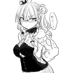  absurdres arms_behind_back ascot bare_shoulders blush braid breasts closed_mouth collared_shirt commentary corset female frills glasses greyscale hair_between_eyes hair_ornament hair_over_shoulder hair_ribbon half-closed_eyes hat highres kantai_collection long_hair long_sleeves mini_hat monochrome nervous_sweating poyo_(hellmayuge) ribbon rimless_eyewear shirt side_braid sideboob simple_background skirt solo sweat thick_eyebrows thought_bubble tilted_headwear translated upper_body wavy_hair white_background zara_(kancolle) zara_due_(kancolle) 