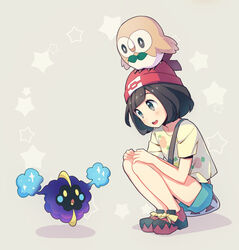  bad_id bad_pixiv_id bag beanie black_hair blush commentary_request cosmog eyelashes female green_shorts hands_on_own_knees hat kurochiroko looking_down on_head open_mouth pokemon pokemon_(creature) pokemon_on_head pokemon_sm red_headwear rowlet selene_(pokemon) shirt shoes short_hair short_sleeves shorts shoulder_bag squatting star_(symbol) teeth tongue upper_teeth_only yellow_shirt 