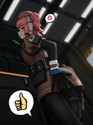  anger_vein beret blush breasts brown_eyes candy covering_ass covering_privates female food girls&#039;_frontline girls&#039;_frontline_2:_exilium gloves hat headset lollipop looking_at_viewer medium_breasts missileer mp7_(girls&#039;_frontline) pantyhose red_hair side_ponytail solo spoken_anger_vein spoken_thumbs_up sweatdrop thigh_strap 