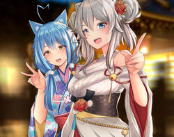  2girls :d ahoge animal_ear_fluff animal_ears architecture blue_hair blurry blush cat_ears cat_girl depth_of_field east_asian_architecture fangs grey_hair heart heart_ahoge hololive japanese_clothes kimono lion_ears lion_girl long_hair looking_at_viewer multiple_girls night official_alternate_costume open_mouth pointing shirt shishiro_botan shishiro_botan_(new_year) sleeveless sleeveless_kimono smile upper_body v very_long_hair virtual_youtuber white_shirt yukihana_lamy yukihana_lamy_(new_year) zeroyama 