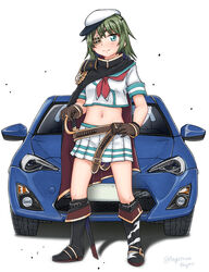  armor asymmetrical_footwear black_footwear black_gloves blue_eyes boots cape car commission cutlass eyepatch female full_body gloves green_hair hat highres kantai_collection kiso_(kancolle) kiso_kai_ni_(kancolle) looking_at_viewer midriff mismatched_footwear motor_vehicle neckerchief onguuchi pauldrons pleated_skirt red_neckerchief sailor_hat school_uniform serafuku short_hair shoulder_armor simple_background single_pauldron skeb_commission skirt solo sports_car standing toyota_86 white_background white_hat white_skirt 