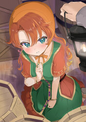  barrel blue_eyes blush bracelet commentary_request curly_hair dragon_quest dragon_quest_vii dress female highres holding holding_lantern hood index_finger_raised jewelry lantern long_hair looking_at_viewer maribel_(dq7) orange_hair puuakachan ring sweatdrop 