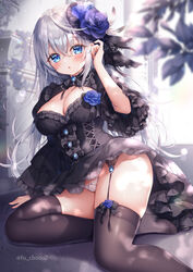  :o black_dress blue_eyes blue_flower blue_rose blurry blurry_foreground blush breasts brown_thighhighs cleavage commentary_request depth_of_field dress female flower frilled_dress frilled_sleeves frills grey_hair hair_between_eyes hand_up large_breasts long_hair long_sleeves looking_at_viewer mitsuba_choco original panties parted_lips purple_flower purple_rose rose sitting solo thighhighs twitter_username underwear very_long_hair white_panties wide_sleeves yokozuwari 