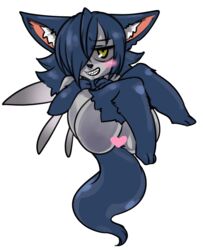  2022 3_fingers 3_toes anthro biped blue_body blue_fur blue_hair blue_nose blue_tail blush canid canine censored digital_media_(artwork) feet female fingers full-length_portrait fur green_eyes grey_body grey_fur grey_sclera grey_wings grin hair hair_over_eye heart_censor heart_symbol inner_ear_fluff kazuhiro long_hair mammal multicolored_body multicolored_fur nude one_eye_obstructed pink_inner_ear plantigrade portrait sharp_teeth simple_background smile solo tail teeth toes tuft two_tone_body two_tone_fur white_background white_inner_ear_fluff wings 