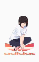  :t adidas black_hair black_pants blush bow closed_mouth commentary_request company_name female full_body gekijouban_hibike!_euphonium hairbow hibike!_euphonium highres hisaishi_kanade kamo_kamen leaning_forward pants pink_footwear pout red_bow red_eyes shirt short_hair short_sleeves sitting solo track_pants v-shaped_eyebrows white_shirt 