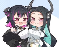  2girls :d aqua_hair aradia_ravencroft bare_shoulders black_hair black_jacket blush_stickers breast_press breasts chibi chibi_only closed_mouth colored_inner_hair commentary demon_horns english_commentary highres hololive horns jacket kukie-nyan large_breasts long_hair looking_at_viewer malpha_ravencroft mole mole_under_eye mole_under_mouth multicolored_hair multiple_girls oerba_yun_fang pink_hair red_eyes shirt slit_pupils smile symmetrical_docking two-tone_hair wavy_hair white_shirt 