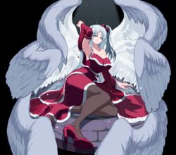  alternate_wings angel_wings arm_up armpits breasts brick_floor cleavage commentary_request detached_sleeves dress expressionless female grey_hair hair_bobbles hair_ornament high_heels highres large_breasts lying multiple_wings mystic_square nukekip on_side one_side_up pantyhose pixel_art red_dress red_footwear seraph seraph_wings shinki_(touhou) side_ponytail solo touhou touhou_(pc-98) white_eyes wings 