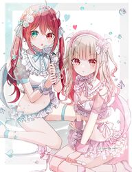  2girls absurdres alternate_costume aqua_eyes blonde_hair blue_wings candy colored_inner_hair crop_top demon_wings food highres holding holding_candy holding_food holding_lollipop horns lollipop long_hair maid_headdress makaino_ririmu multicolored_hair multiple_girls nanoda_ham nijisanji orange_eyes pink_hair pink_wings pointy_ears red_eyes red_hair sitting thigh_strap twintails two_side_up virtual_youtuber wariza white_horns wings wrist_cuffs yuzuki_roa 