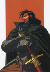  1990s_(style) 1boy armor beard brown_hair cape crossed_arms facial_hair fraud highres izubuchi_yutaka kashue_(lodoss) male_focus moustache non-web_source official_art photoshop_(medium) record_of_lodoss_war retro_artstyle scan sheath sheathed short_hair solo sword weapon 