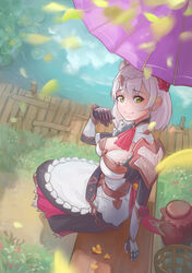  absurdres breasts drelouder female flower genshin_impact gloves hair_flower hair_ornament highres jewelry looking_at_viewer noelle_(genshin_impact) outdoors rose short_hair sitting smile solo umbrella water white_hair 