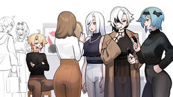  2boys 5girls aether_(genshin_impact) ahoge alternate_costume arlecchino_(genshin_impact) ass black_hair black_lips black_pants black_shirt black_sweater blonde_hair blue_hair breasts brown_hair brown_jacket caelus_(honkai:_star_rail) commentary contemporary english_commentary eula_(genshin_impact) eyewear_on_head genshin_impact hand_on_own_chin hand_on_own_hip highres holding holding_mirror honkai:_star_rail honkai_(series) jacket jewelry kafka_(honkai:_star_rail) large_breasts lipstick lipstick_mark lisa_(genshin_impact) long_hair long_sleeves looking_at_mirror makeup mihoyo mirror multicolored_hair multiple_boys multiple_girls necklace open_clothes orange_pants pants profile red_lips round_eyewear shenhe_(genshin_impact) shirt short_hair sitting sleeveless sleeveless_shirt sunglasses sweater trailblazer_(honkai:_star_rail) turtleneck turtleneck_sweater twitter_username two-tone_hair white_hair white_pants white_shirt yoga_pants yuushiba 