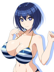  abu arms_up bare_arms bare_shoulders bikini blue_bikini blue_eyes blue_hair bob_cut breasts cleavage closed_mouth commentary_request covered_nipples dolphin_wave drop_shadow female fingernails hair_between_eyes halterneck highres large_breasts looking_at_viewer navel short_hair simple_background smile solo standing stomach striped_bikini striped_clothes swimsuit tojou_michiru upper_body w_arms white_background 