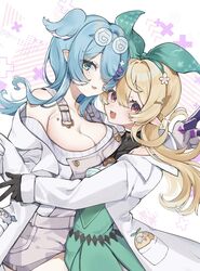  2girls aqua_eyes black_gloves blonde_hair blue_hair blue_wings breasts cleavage coat coke-bottle_glasses elira_pendora elira_pendora_(1st_costume) eyewear_on_head famelira_(elira_pendora) glasses gloves hair_ornament hair_over_one_eye head_wings highres lab_coat long_hair looking_at_viewer multicolored_hair multiple_girls nijisanji nijisanji_en oimo_0imo one_eye_covered open_clothes open_coat pointy_ears pomu_rainpuff pomu_rainpuff_(1st_costume) pomudachi_(pomu_rainpuff) red_eyes turing_love virtual_youtuber white_hair wings x_hair_ornament 