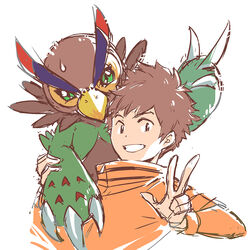  1:1 3_fingers ambiguous_gender anthro bandai_namco beak brown_body brown_feathers brown_hair digimon digimon_(species) digimon_survive duo falcomon falcomon_(survive) feathers fingers gesture green_eyes grin hair hand_gesture human male mammal minoru_hyuga simple_background slmy1022 smile v_sign white_background 