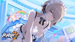  brown_hair commentary copyright_name earrings female frilled_one-piece_swimsuit frills grin hair_over_one_eye hand_on_own_chest highres honkai_(series) honkai_impact_3rd jewelry liliya_olenyeva logo long_hair looking_at_viewer maid maid_headdress maid_one-piece_swimsuit mole mole_under_eye official_art one-piece_swimsuit open_mouth purple_eyes rita_rossweisse rita_rossweisse_(phantom_iron) rozaliya_olenyeva second-party_source smile solo swimsuit teeth twintails unconventional_maid 