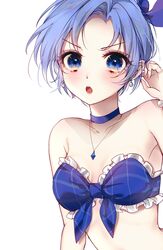  58_(opal_00_58) :o alternate_hair_length alternate_hairstyle bad_id bad_twitter_id bae_minah_(chaesu) bare_shoulders bikini blue_bikini blue_choker blue_eyes blue_hair blue_ribbon blush borrowed_character breasts choker collarbone earrings eye_focus eyelashes female forehead frilled_bikini frills hand_up highres jewelry looking_at_viewer open_mouth original ribbon short_hair simple_background small_breasts solo strapless strapless_bikini swimsuit upper_body v-shaped_eyebrows white_background 