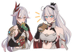  2girls armor asymmetrical_gloves bare_shoulders blue_eyes brown_gloves china_dress chinese_clothes closed_mouth cup disposable_cup dress drinking_straw eating elbow_gloves food fu_hua fu_hua_(phoenix) gauntlets gloves hair_ornament hinagi_(fox_priest) holding holding_cup holding_food honkai_(series) honkai_impact_3rd kiana_kaslana kiana_kaslana_(herrscher_of_flamescion) long_hair looking_at_viewer mismatched_gloves multiple_girls ponytail red_eyes red_gloves sandwich simple_background white_background white_dress white_hair 