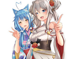  2girls :d ahoge animal_ear_fluff animal_ears blue_hair blush cat_ears cat_girl fangs grey_hair heart heart_ahoge highres hololive japanese_clothes kimono lion_ears lion_girl long_hair looking_at_viewer multiple_girls official_alternate_costume open_mouth pointing shirt shishiro_botan shishiro_botan_(new_year) simple_background sleeveless sleeveless_kimono smile upper_body v virtual_youtuber white_background white_shirt yukihana_lamy yukihana_lamy_(new_year) zeroyama 