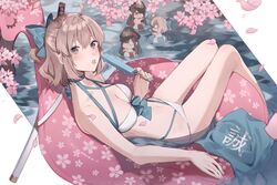  4girls ahoge bad_id bad_twitter_id bikini bird blush breasts brown_hair cherry_blossoms chibi collarbone commentary fate/grand_order fate_(series) feet_out_of_frame flamingo food grey_eyes highres holding holding_food innertube jacket katana legs looking_at_viewer lying medium_breasts medium_hair multiple_girls navel oda_nobunaga_(fate) okita_j._souji_(fate) okita_j._souji_(third_ascension)_(fate) okita_souji_(fate) on_back open_mouth partially_submerged popsicle sheath swim_ring swimsuit sword unworn_jacket weapon white_bikini yurumawari 