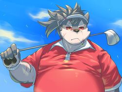  4:3 anthro bawp canid canine canis clothing domestic_dog eyebrows fur golf_club grey_body grey_fur hat headgear headwear hi_res lifewonders male mammal overweight overweight_male red_eyes scar shino_(tas) solo thick_eyebrows tokyo_afterschool_summoners visor_cap 