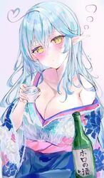  ahoge alcohol bare_shoulders blue_hair blush bottle breasts cleavage closed_mouth collarbone colored_tips drunk female hair_between_eyes heart heart_ahoge highres holding holding_bottle hololive japanese_clothes kimono large_breasts long_hair looking_at_viewer mile_(off8mile) multicolored_hair off_shoulder official_alternate_hairstyle pointy_ears sake sake_bottle solo streaked_hair virtual_youtuber yellow_eyes yukata yukihana_lamy yukihana_lamy_(new_year) 