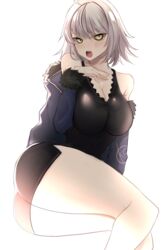  ass bare_shoulders black_dress blue_coat blush breasts cleavage coat collarbone dress fate/grand_order fate_(series) female fur-trimmed_coat fur_trim highres jeanne_d&#039;arc_alter_(fate) jeanne_d&#039;arc_alter_(ver._shinjuku_1999)_(fate) kankitsu_kei large_breasts long_sleeves looking_at_viewer off_shoulder official_alternate_costume open_clothes open_coat open_mouth short_dress short_hair solo thighs white_hair yellow_eyes 