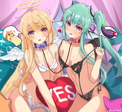  2girls absurdres ahoge alternate_hairstyle angel_wings artist_name banana bare_shoulders black_panties blonde_hair blue_collar blush bra bra_pull c_turtle clothes_lift clothes_pull collar collarbone commentary curtains cushion demon_horns demon_wings eggplant english_commentary excited finana_ryugu fins fish_girl flower flying_sweatdrops food fruit green_eyes green_hair groin hair_flower hair_ornament hairband halo hamster head_fins heart heart-shaped_pupils highres horns lifting_another&#039;s_clothes lingerie linked_collar long_hair looking_at_viewer midriff multiple_girls navel nervous nijisanji nijisanji_en nipple_cutout nippleless_clothes open_mouth panties panty_lift pointy_ears pomu_rainpuff purple_curtains purple_eyes purple_flower red_collar red_eyes speech_bubble stomach sweat symbol-shaped_pupils tongue tongue_out twintails underwear very_long_hair virtual_youtuber wavy_hair white_panties wings yes yes-no_pillow 