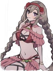  apo_518 bracelet braid breasts brooch brown_hair closed_mouth demon_girl female heart heart-shaped_pupils highres jewelry long_hair looking_at_viewer ludmila_(rune_factory) official_alternate_costume pointy_ears purple_eyes rune_factory rune_factory_5 swimsuit symbol-shaped_pupils twin_braids 