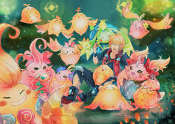  baby blonde_hair bow closed_eyes family fuwamoko_momen_toufu grin highres kino_(xenoblade) mushroom nene_(xenoblade) nopon oka_(xenoblade) on_lap pacifier riki_(xenoblade) shulk_(xenoblade) sitting smile v xenoblade_chronicles:_future_connected xenoblade_chronicles_(series) xenoblade_chronicles_1 