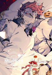  2boys aocvoooo arm_tattoo black_hair black_nails blue_eyes candy chest_tattoo commentary_request cookie cosplay extra_arms extra_eyes facial_tattoo food frankenstein&#039;s_monster frankenstein&#039;s_monster_(cosplay) fushiguro_megumi ghost_costume halloween halloween_costume happy_halloween holding holding_candy holding_food jack-o&#039;-lantern jujutsu_kaisen lollipop looking_at_another male_focus multiple_boys muscular muscular_male nipples object_through_head pectorals pink_hair pumpkin red_eyes ryoumen_sukuna_(jujutsu_kaisen) screw_in_head short_hair size_difference stitches tattoo yaoi 