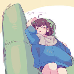  blanket blue_jacket brown_hair closed_eyes cosplay couch female frisk_(undertale) jacket lying open_mouth purple_shorts sans_(undertale) sans_(undertale)_(cosplay) short_hair short_shorts shorts sleeping solo tenya_mizuki undertale white_background 