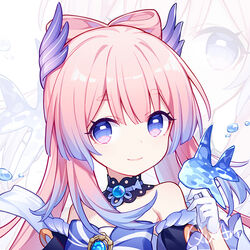  bare_shoulders blue_eyes blunt_bangs blush bow-shaped_hair female frills genshin_impact gloves gradient_hair hair_ornament long_hair looking_at_viewer multicolored_hair pink_hair purple_eyes quan_(kurisu_tina) sangonomiya_kokomi smile solo vision_(genshin_impact) white_gloves wide_sleeves 