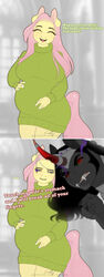  2023 5_fingers anthro anthrofied belly big_belly big_breasts black_body black_hair breasts clothed clothing dialogue ellipsis english_text equid equine evehly eyebrows eyelashes fangs female fingers fluttershy_(mlp) friendship_is_magic gesture green_eyes hair hand_gesture hasbro hi_res horn husband_and_wife king_sombra_(mlp) long_hair looking_at_viewer male mammal married_couple my_little_pony mythological_creature mythological_equine mythology narrowed_eyes pink_hair pink_tail pointing pregnant red_eyes signature standing sweater tail teeth text topwear unicorn unicorn_horn url yellow_body 